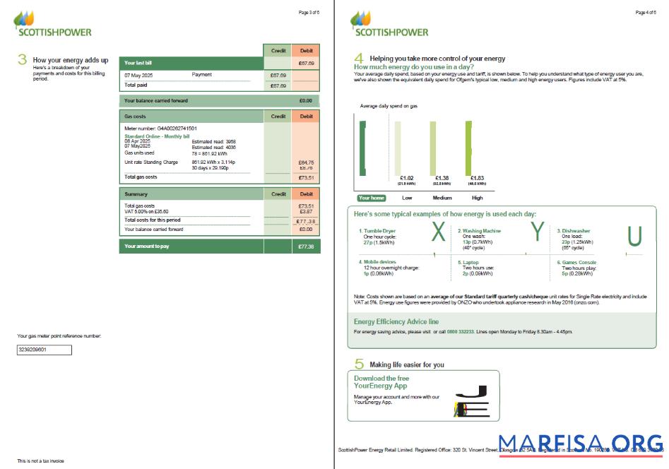 Blank Scotland Scottish Power utility bill template in Word and PDF formats, 6 pages, 3 4 pages